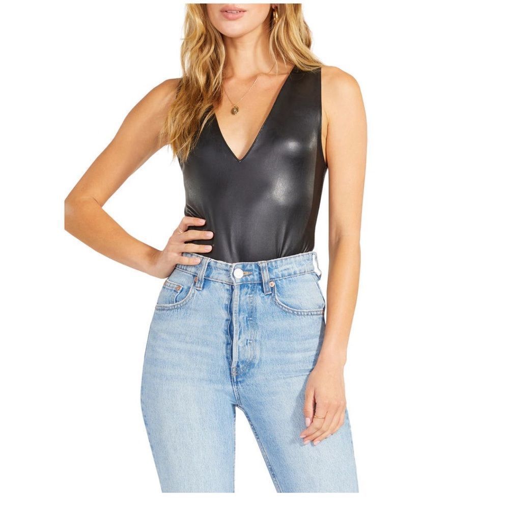 BB Dakota How It Goes Sleeveless Faux Leather Bodysuit, Size XL (14), Black, NWO